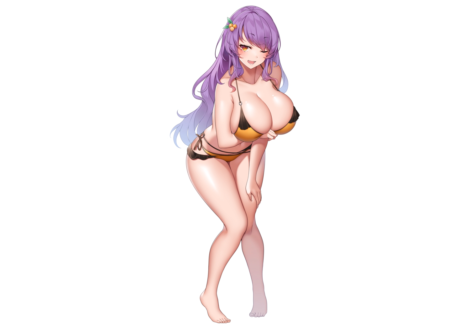 barefoot, bikini, blush, breast_hold, breasts, cleavage, fang, long_hair