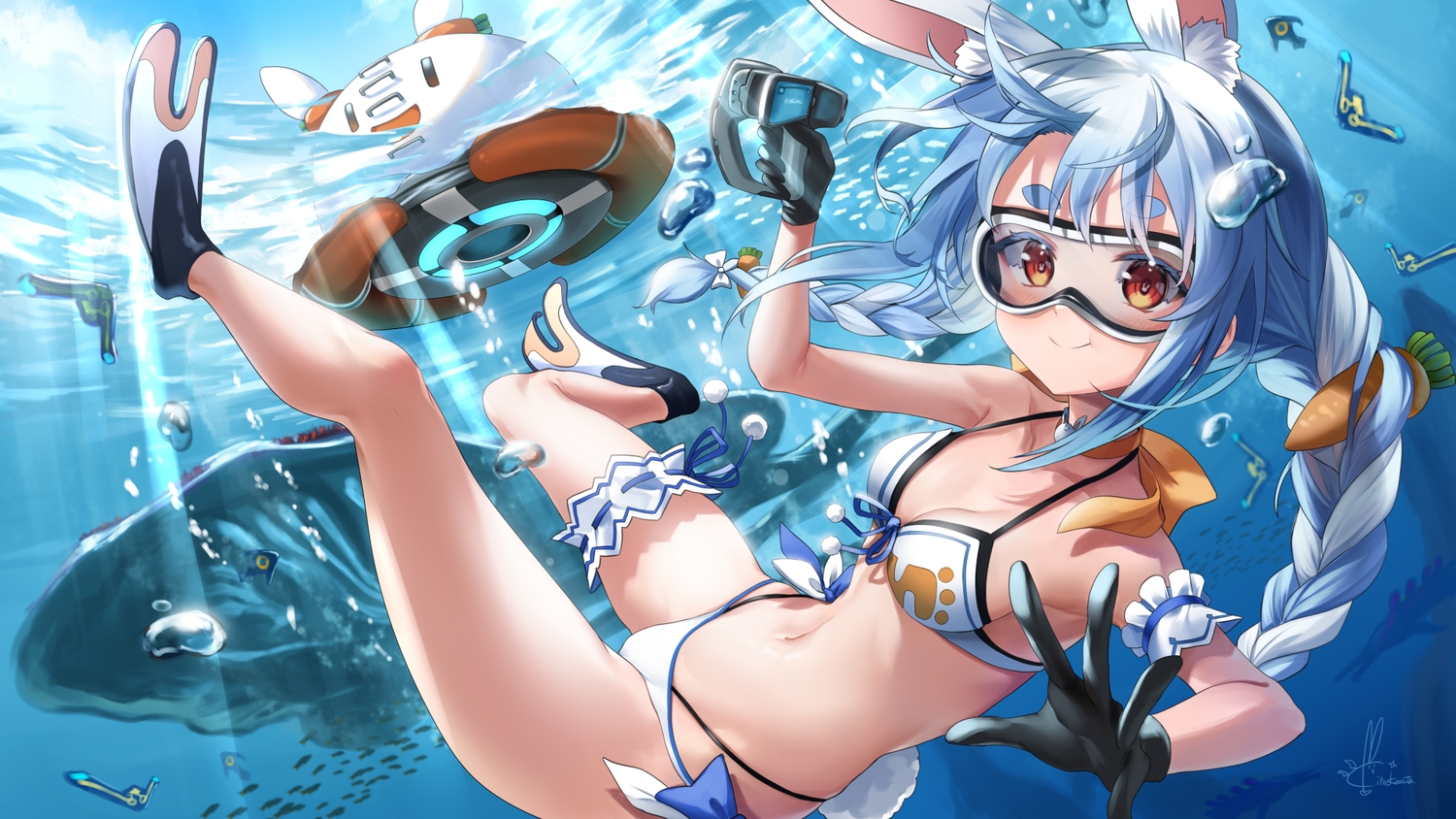animal_ears, bikini, blue_hair, blush, braids, breasts, bunny_ears, bunnygirl, camera, choker, cleavage, garter, gloves, goggles, hololive, kito_koruta, long_hair, navel, signed, subnautica, swim_ring, swimsuit, twintails, underwater, usada_pekora, water