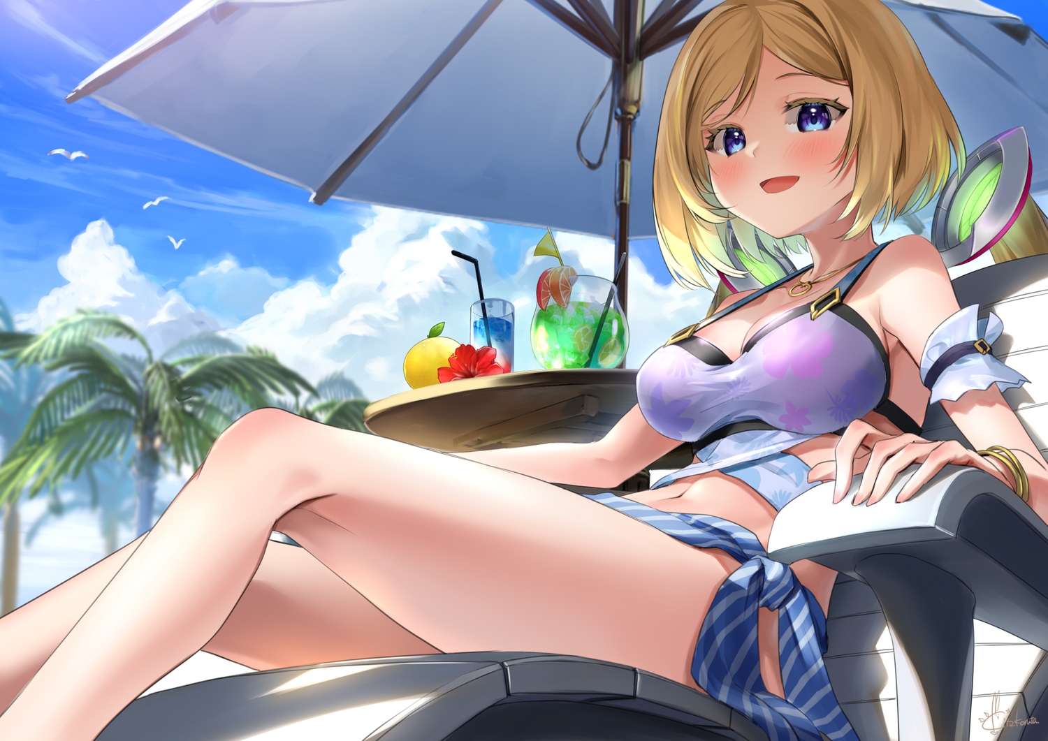 aki_rosenthal, bikini_top, blonde_hair, blue_eyes, blush, breasts, cleavage, clouds
