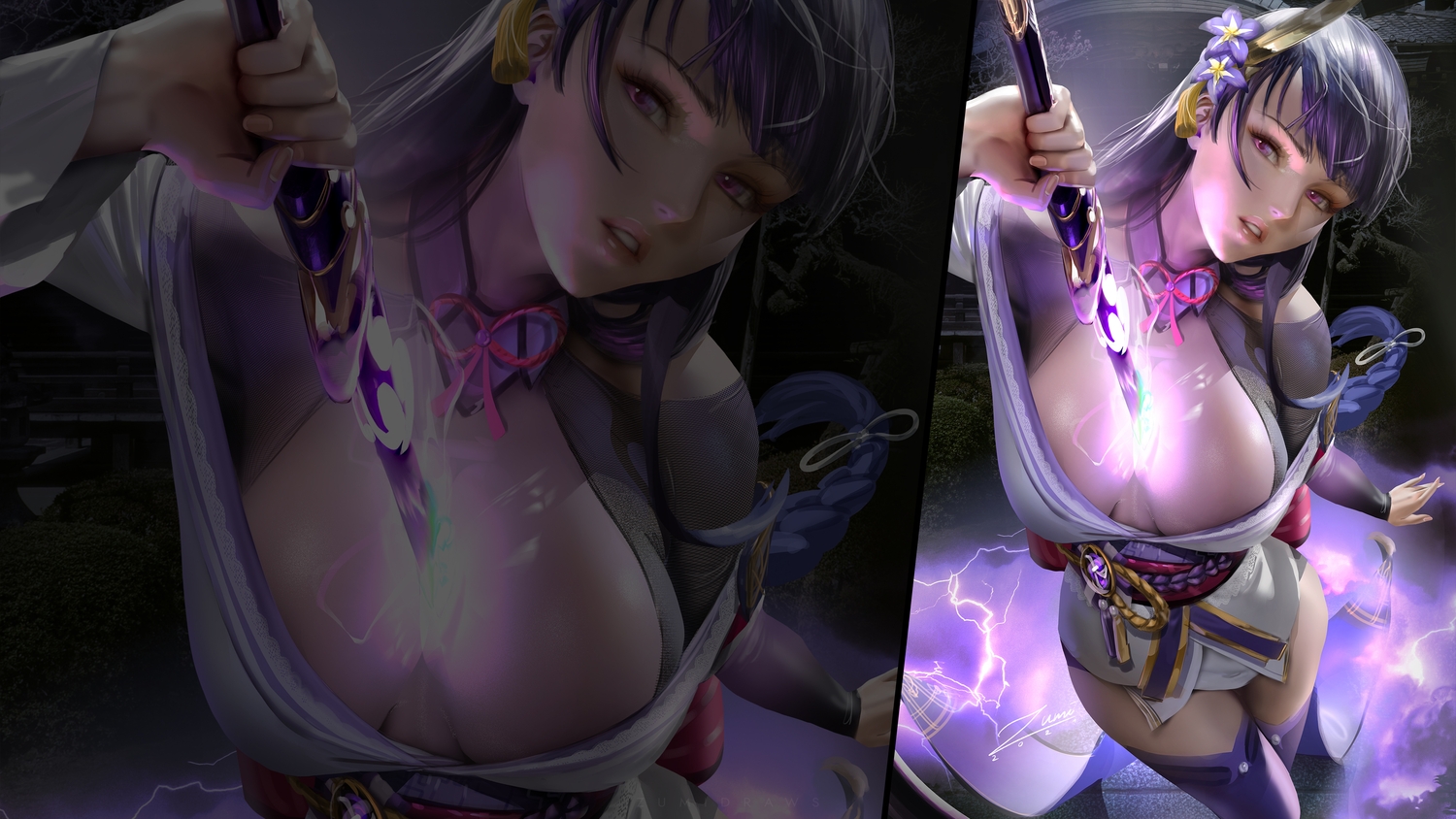 genshin_impact, long_hair, no_bra, purple_eyes, purple_hair, raiden_shogun, sword, thighhighs