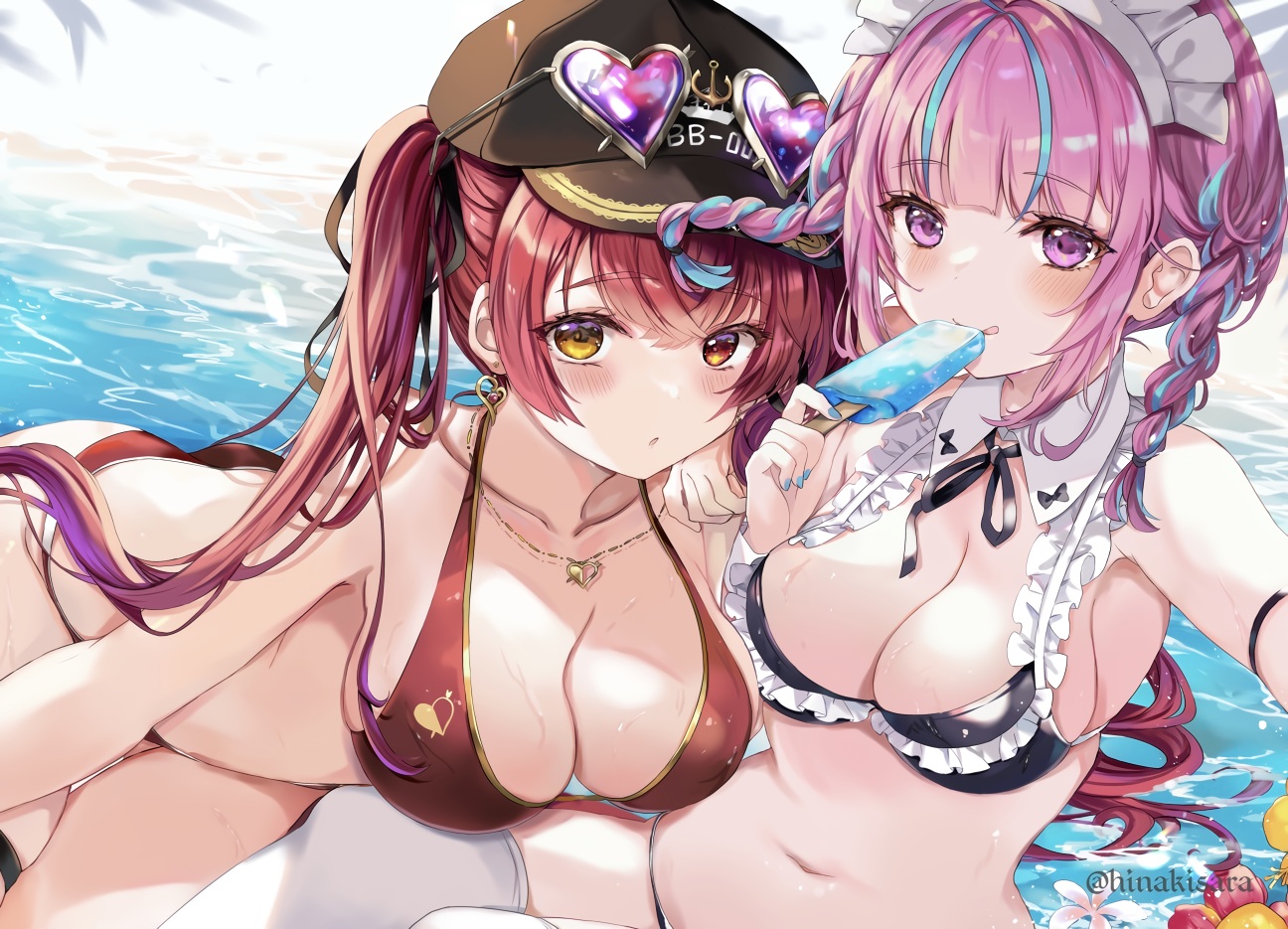 2girls, aliasing, ass, bikini, blush, braids, breasts, cleavage, food, hat, headdress, hinahino, hololive, houshou_marine, long_hair, minato_aqua, navel, necklace, popsicle, purple_eyes, purple_hair, red_hair, ribbons, sunglasses, swimsuit, thighhighs, twintails, water, watermark