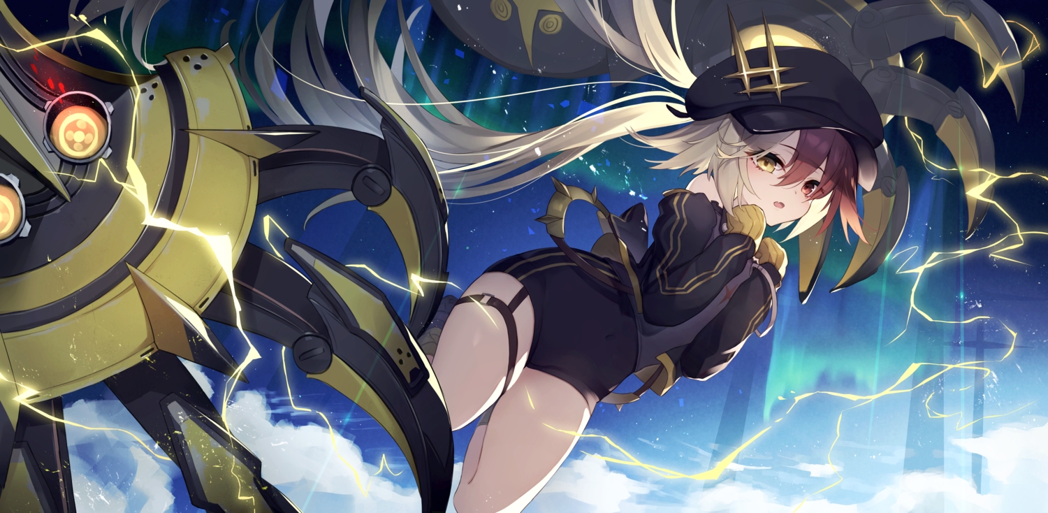 alchemy_stars, bicolored_eyes, clouds, diieru, fang, garter, gronru_(alchemy_stars), hat, leotard, long_hair, mechagirl, ponytail, shorts, sky