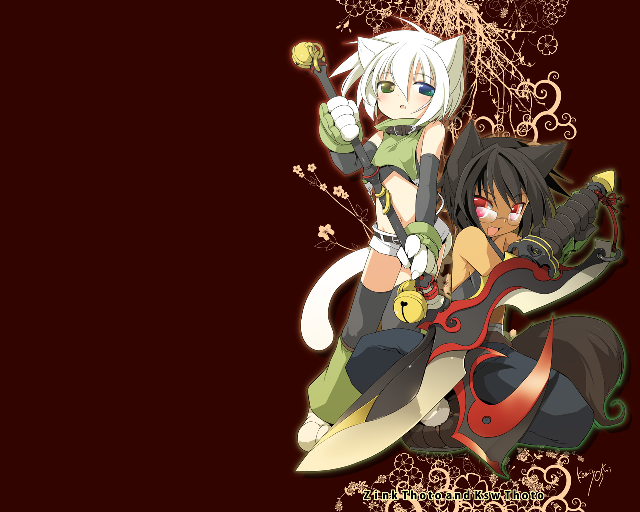 all_male, animal_ears, bell, bicolored_eyes, black_hair, blush, catboy, collar, dark_skin, glasses, gloves, kamiyoshi_rika, male, navel, original, otoko_no_ko, red, red_eyes, shorts, staff, sword, tail, thoto, weapon, white_hair