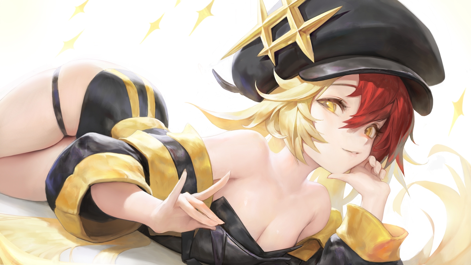 agoto, alchemy_stars, breasts, cleavage, garter, gronru_(alchemy_stars), hat, leotard