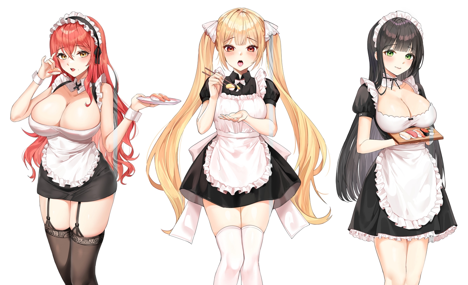 aliasing, apron, black_hair, blonde_hair, blush, bow, breast_hold, breasts, cleavage, cropped, dress, food, garter_belt, green_eyes, headdress, lillly, long_hair, maid, original, red_eyes, red_hair, stockings, thighhighs, third-party_edit, twintails, white, wristwear, yellow_eyes, zettai_ryouiki