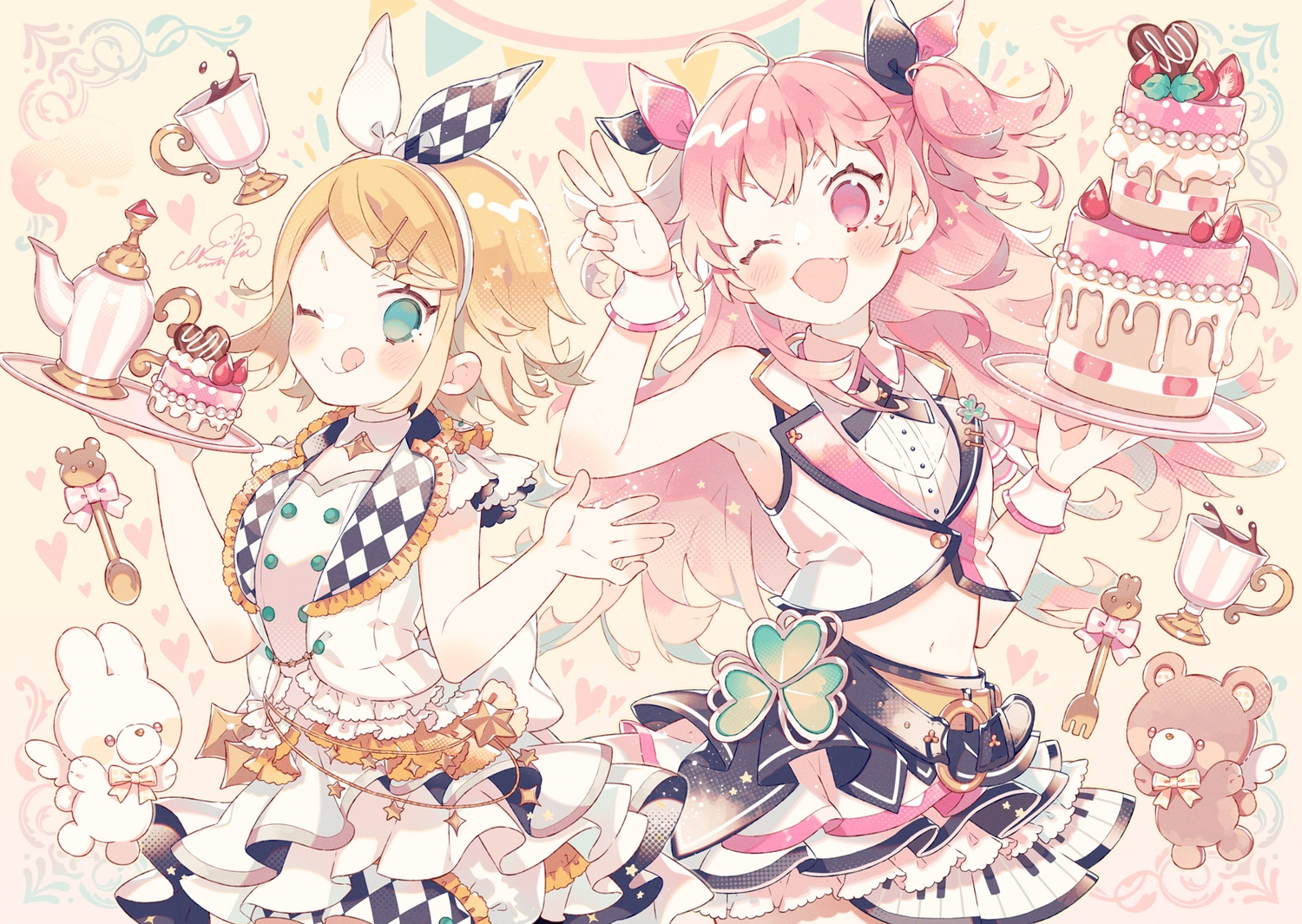 2girls, aqua_eyes, blonde_hair, blush, bunny, cake, chocolate, drink, fang, food, fruit, headband, kagamine_rin, lolita_fashion, long_hair, momoi_airi, navel, pink_eyes, pink_hair, project_sekai, short_hair, signed, skirt, strawberry, teddy_bear, twintails, uekura_eku, vocaloid, wings, wink, wristwear