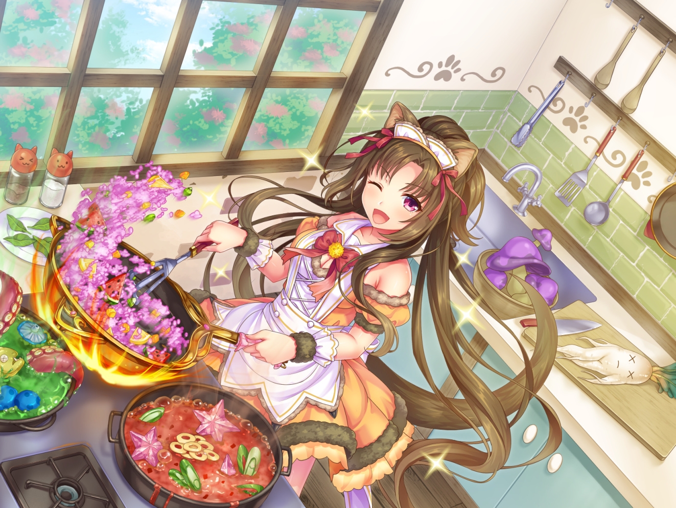 animal_ears, apron, bow, breasts, brown_hair, cleavage, fire, flowers