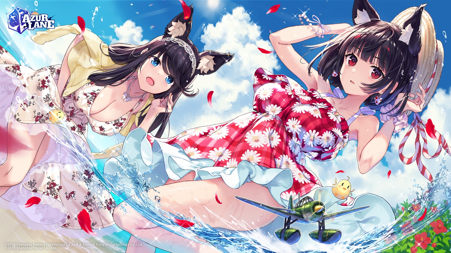 2girls, aircraft, animal_ears, anthropomorphism, azur_lane, black_hair, blue_eyes, breasts