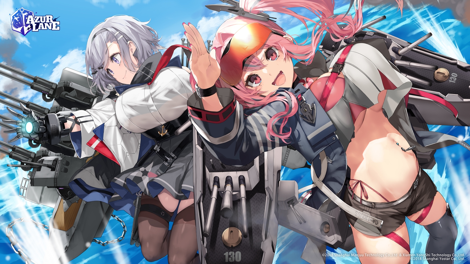2girls, anthropomorphism, azur_lane, bikini_top, bremerton_(azur_lane), clouds, gray_hair, logo