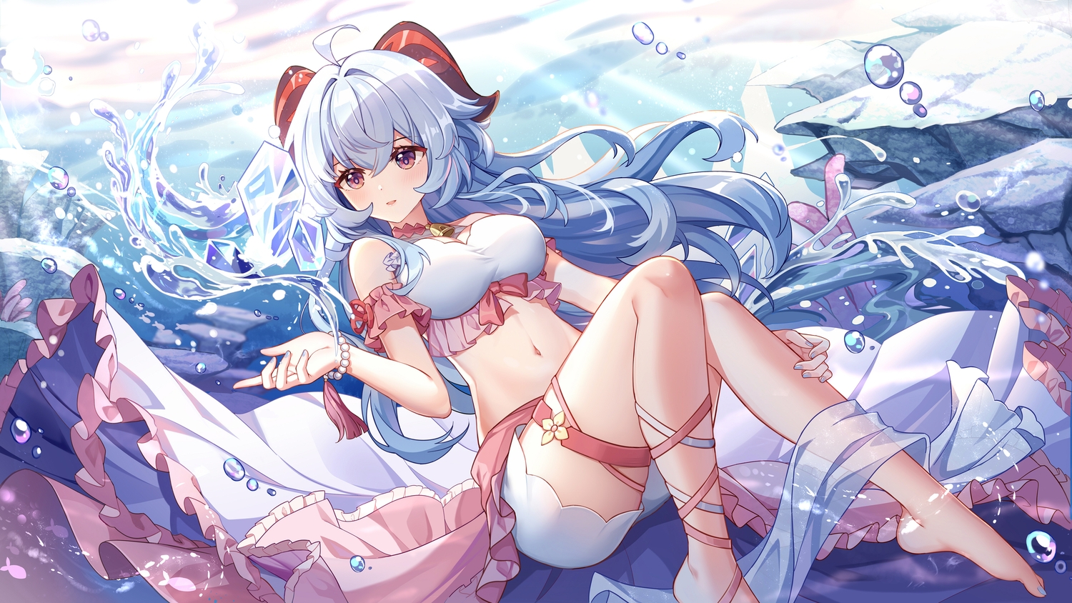 barefoot, blue_hair, blush, brown_eyes, bubbles, ganyu_(genshin_impact), genshin_impact, gou_lianlian_dogface, horns, long_hair, underwater, water