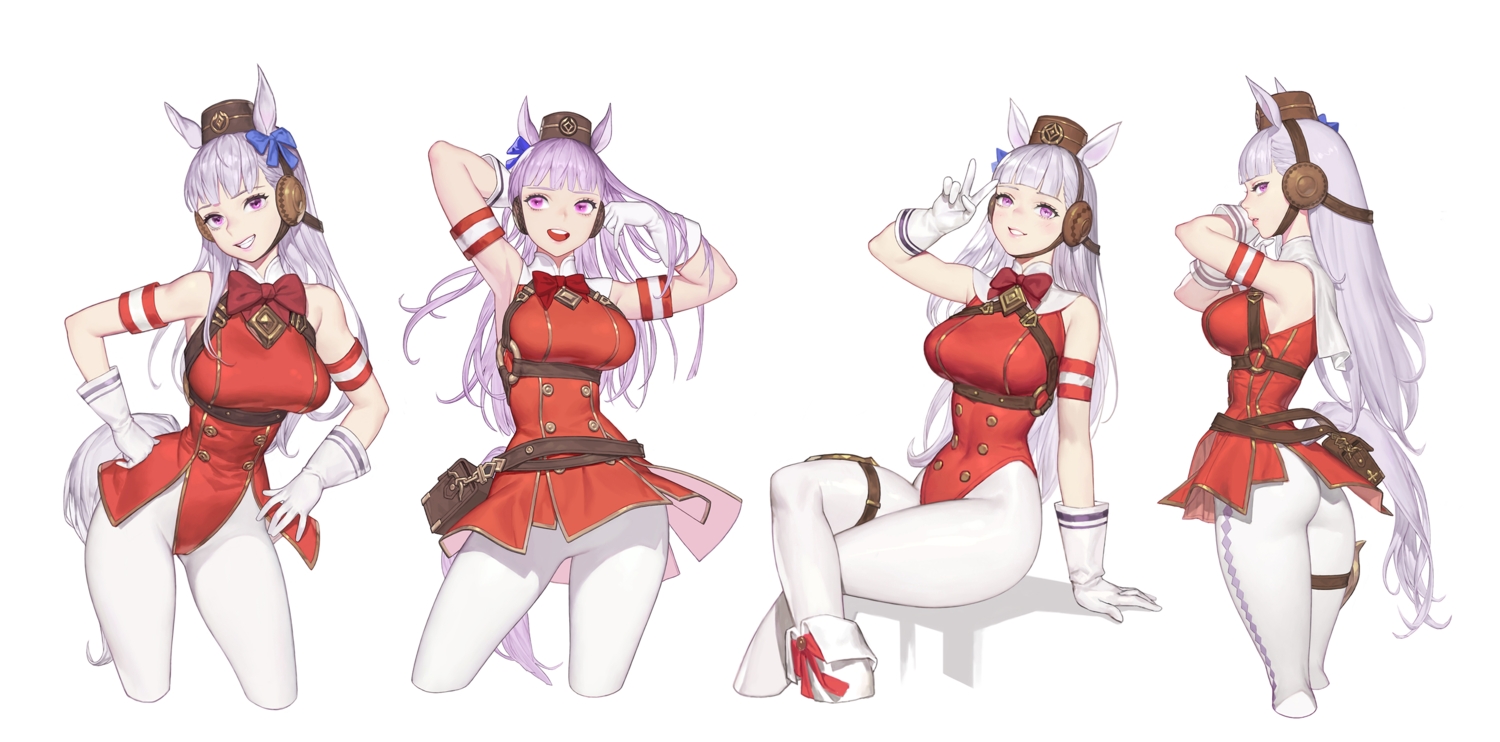 animal_ears, anthropomorphism, ass, boots, bow, garter, gloves, gold_ship_(umamusume), hat, ki_min-woo, leotard, long_hair, pantyhose, purple_eyes, purple_hair, tail, third-party_edit, uma_musume:_pretty_derby, uniform, white