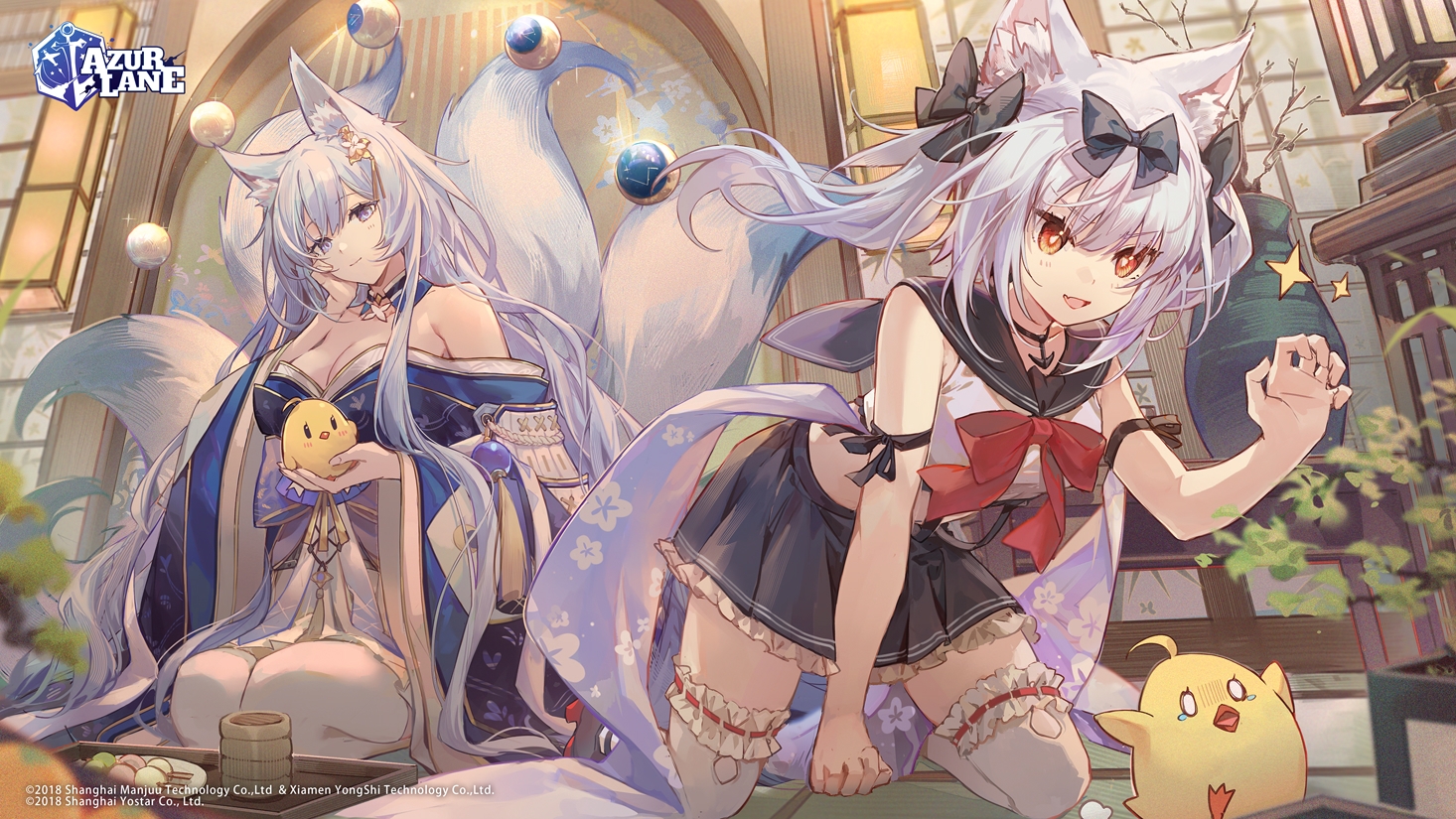 2girls, animal, animal_ears, anthropomorphism, azur_lane, bird, bow, breasts