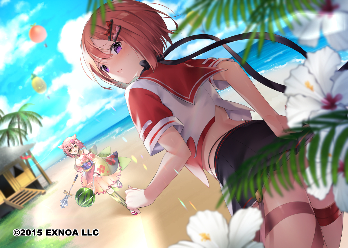 2girls, aliasing, anthropomorphism, beach, chocolate_cosmos_(flower_knight_girl), flower_knight_girl, food, fruit