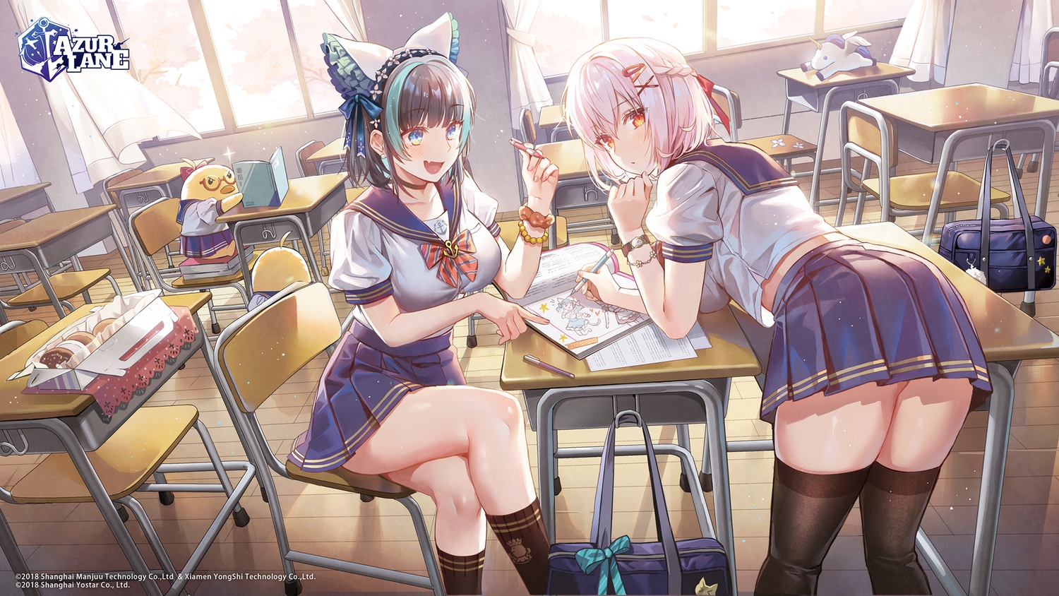 2girls, animal, anthropomorphism, azur_lane, bird, book, braids, brown_hair