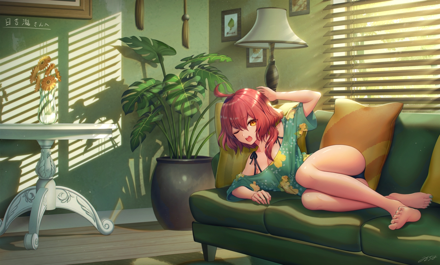 barefoot, breasts, cleavage, couch, flowers, green, milcho, original