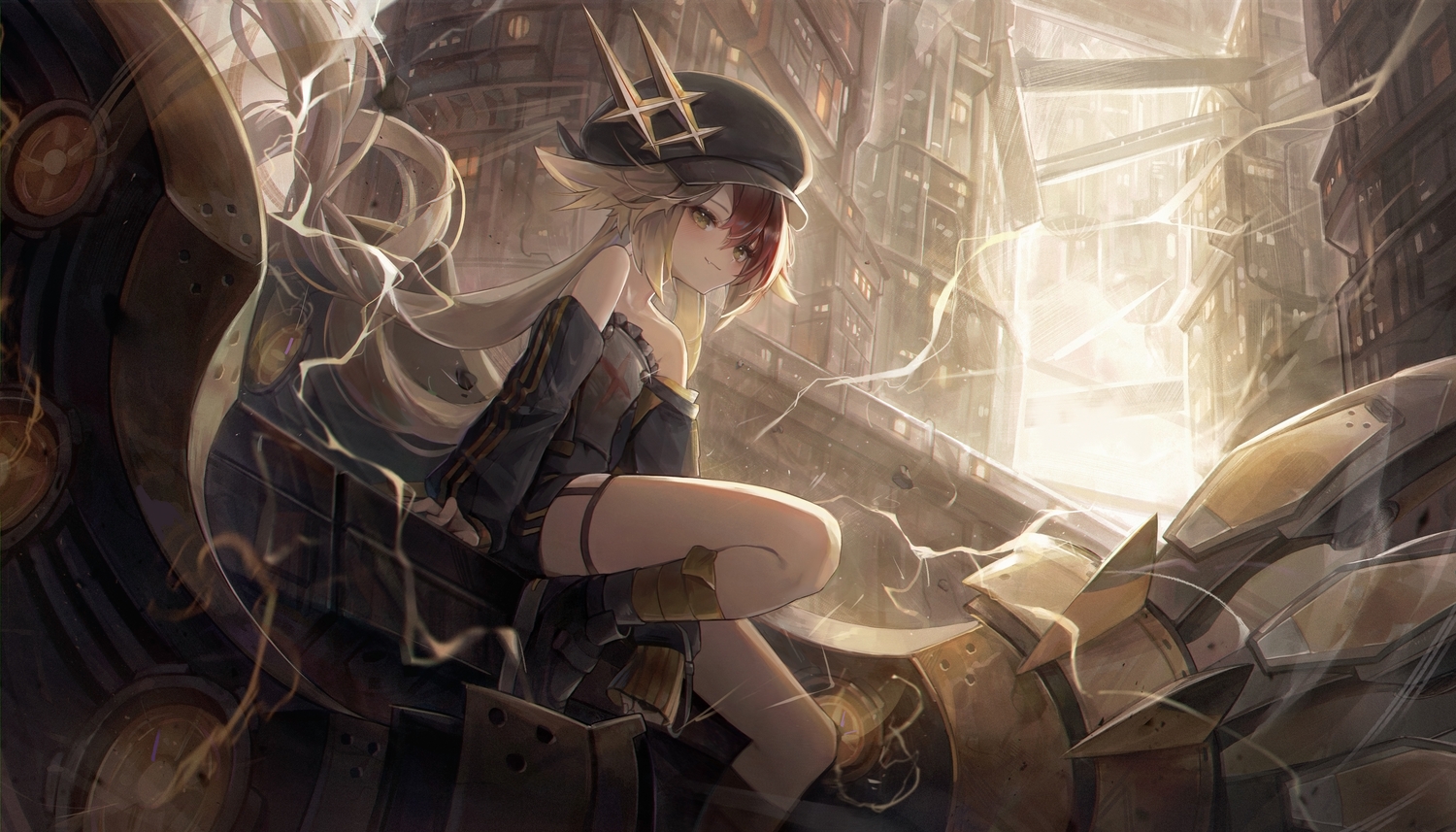 alchemy_stars, brown_eyes, brown_hair, building, gronru_(alchemy_stars), hat, long_hair, lunia