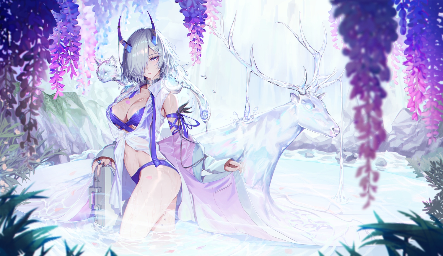 alchemy_stars, animal, bikini, cat, collar, dl_(dl_6ix), flowers, horns, jane_(alchemy_stars), magic, purple_eyes, short_hair, swimsuit, water