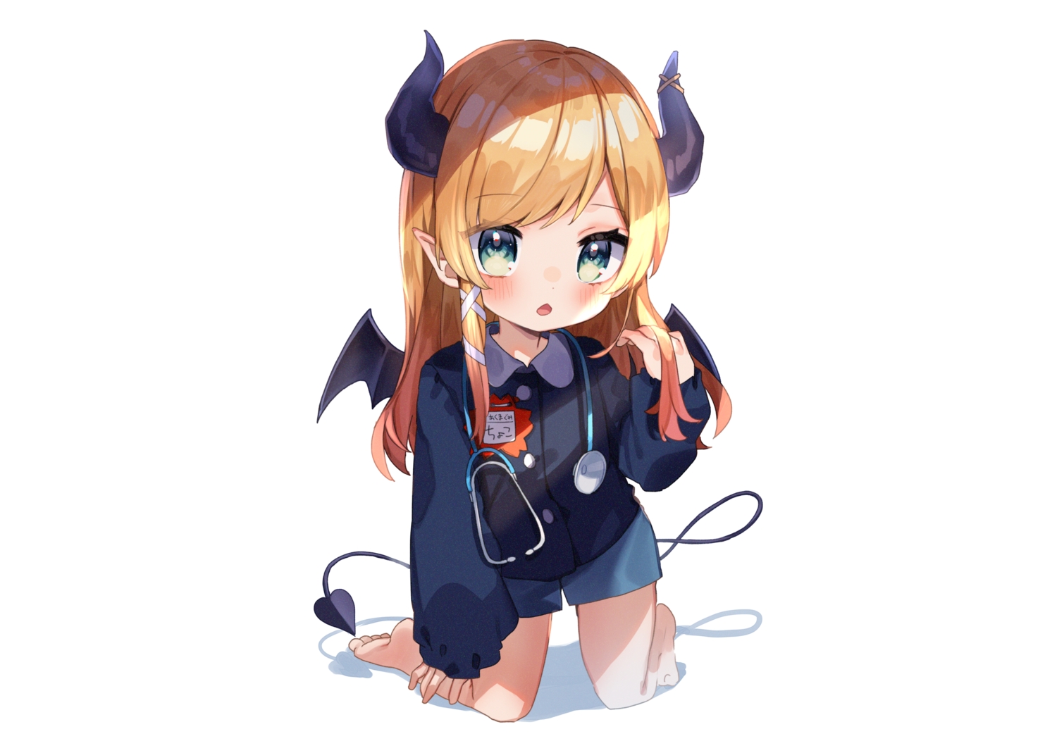barefoot, blonde_hair, blush, demon, green_eyes, hololive, horns, loli