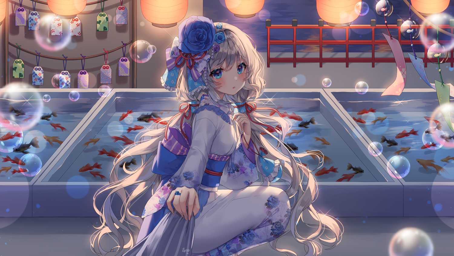 animal, aqua_eyes, blush, brown_hair, bubbles, festival, fish, gray_hair, headdress, houchi_shoujo, japanese_clothes, lolita_fashion, long_hair, shiro_albino, twintails, water, yukata