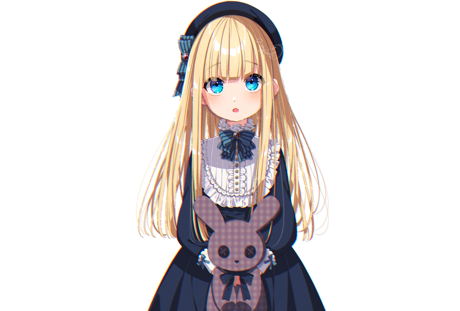 aqua_eyes, blonde_hair, blush, bow, bunny, dress, fang, goth-loli