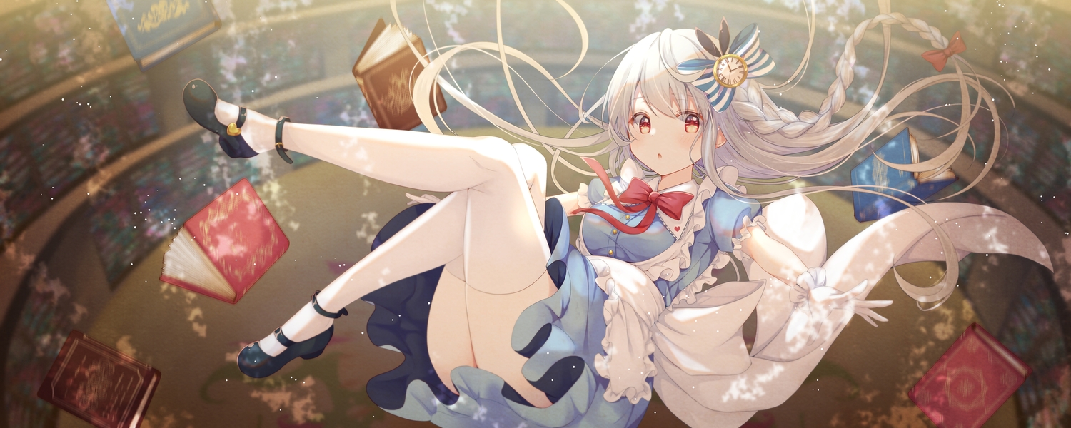 alice_in_wonderland, book, bow, braids, dress, gomano_rio, gray_hair, long_hair, thighhighs