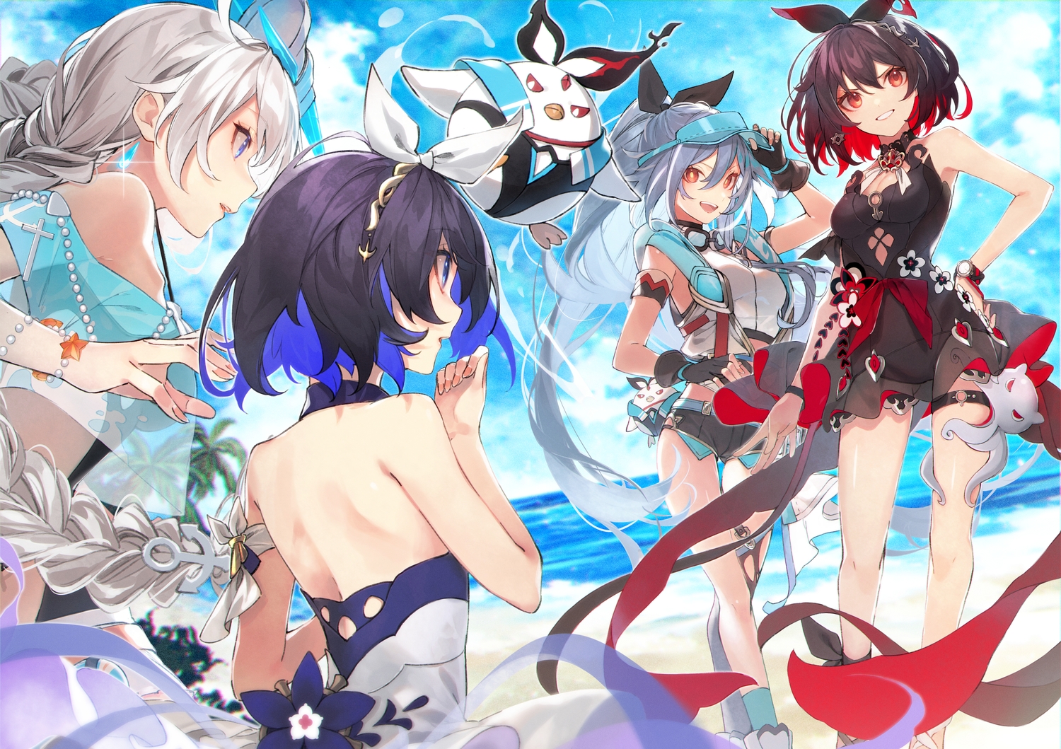 beach, blue_eyes, clouds, dress, fu_hua, gray_hair, group, headband