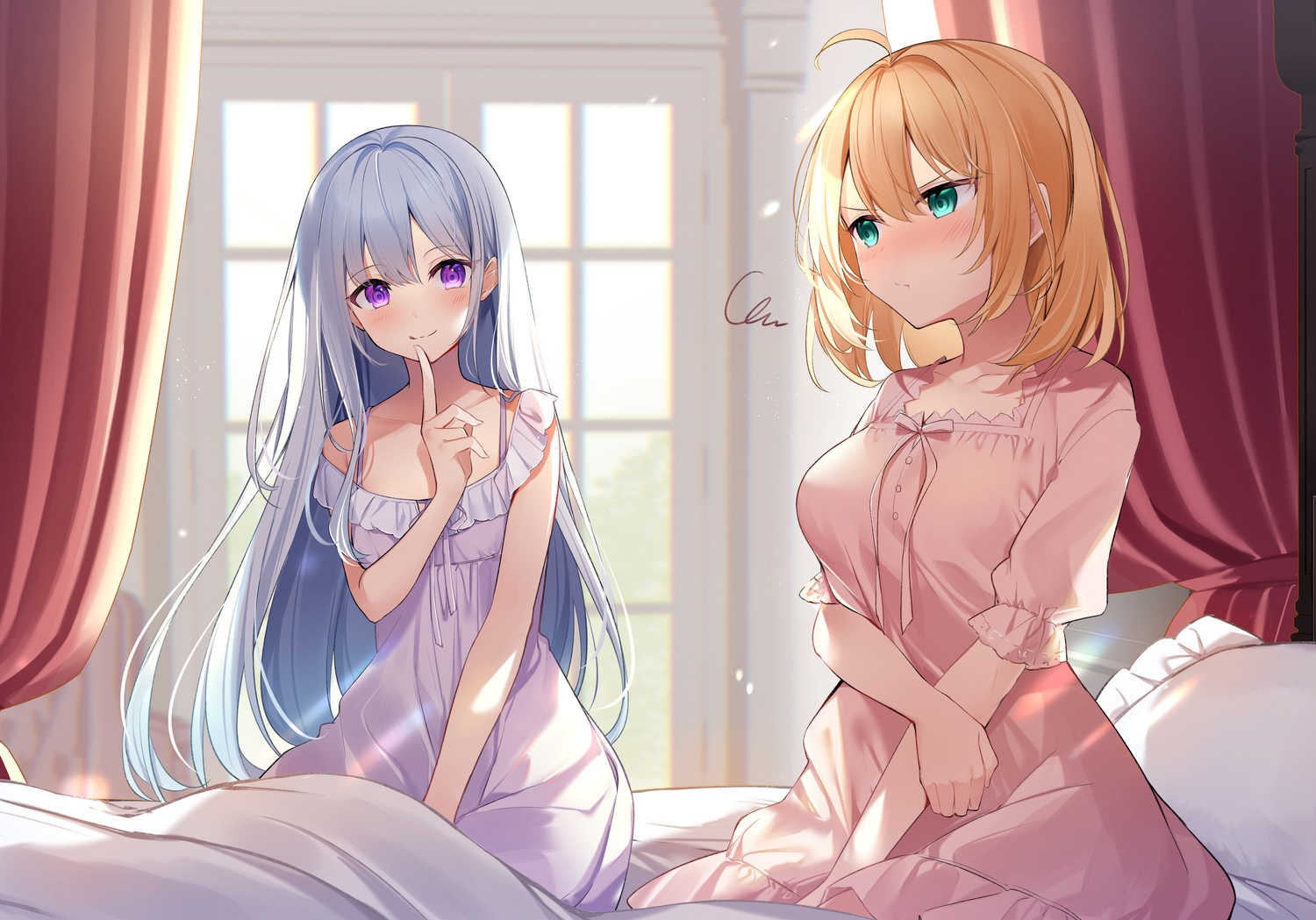 2girls, anisphia_wynn_palletia, bed, blonde_hair, blue_hair, blush, euphyllia_magenta, green_eyes, kisaragi_yuri, long_hair, pajamas, purple_eyes, short_hair, signed, tensei_oujo_to_tensai_reijou_no_mahou_kakumei