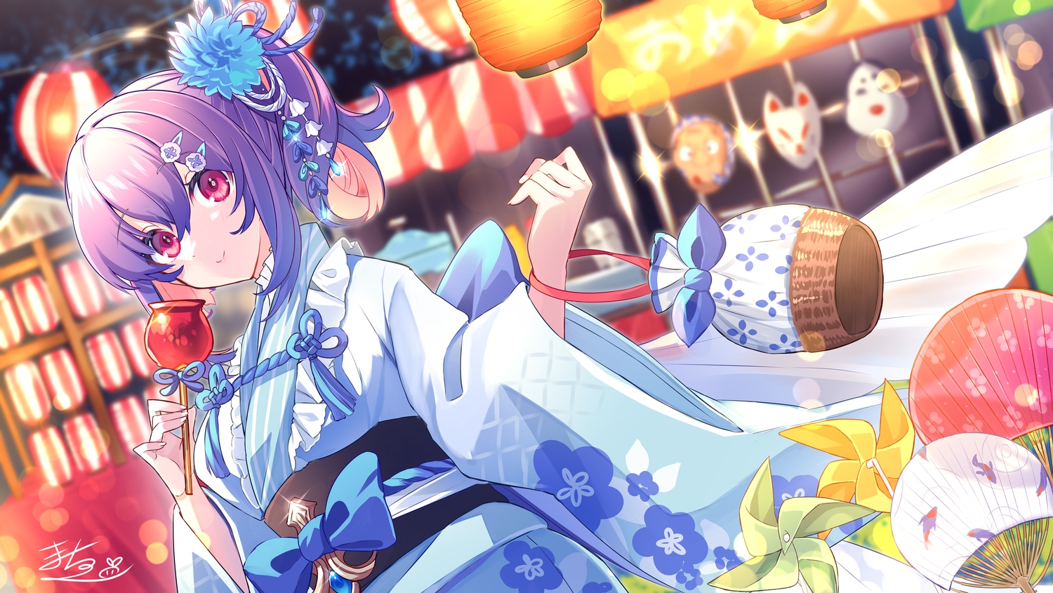 apple, bow, candy, close, fan, festival, food, fruit, houchi_shoujo, japanese_clothes, macchoko, mask, pink_eyes, ponytail, purple_hair, signed, summer, yukata