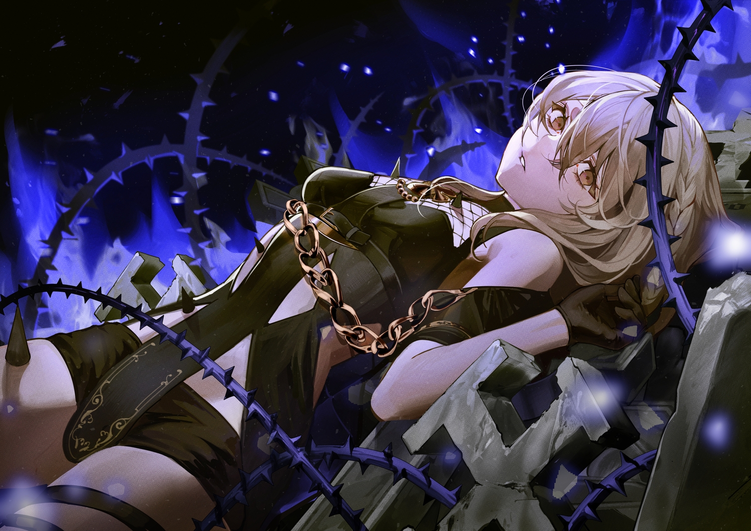 alchemy_stars, areia_(alchemy_stars), blonde_hair, braids, brown_eyes, chain, gloves, long_hair, nea_(nongta2002), polychromatic, shorts