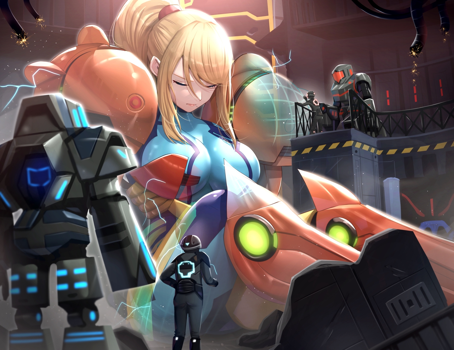 blonde_hair, bodysuit, gonzarez, long_hair, metroid, ponytail, samus_aran, sleeping