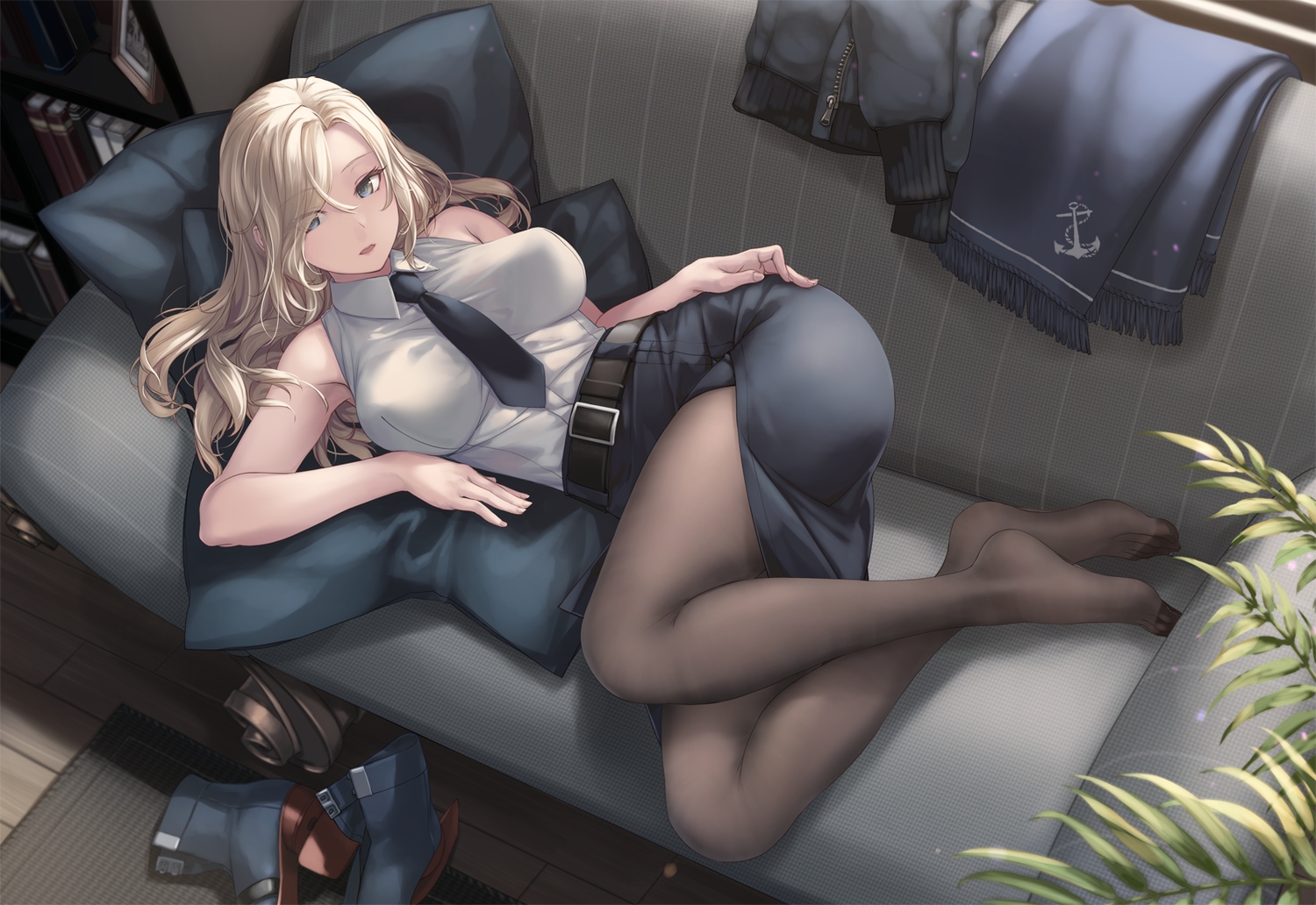 anthropomorphism, blonde_hair, book, couch, hornet_(kancolle), kantai_collection, long_hair, rokuwata_tomoe