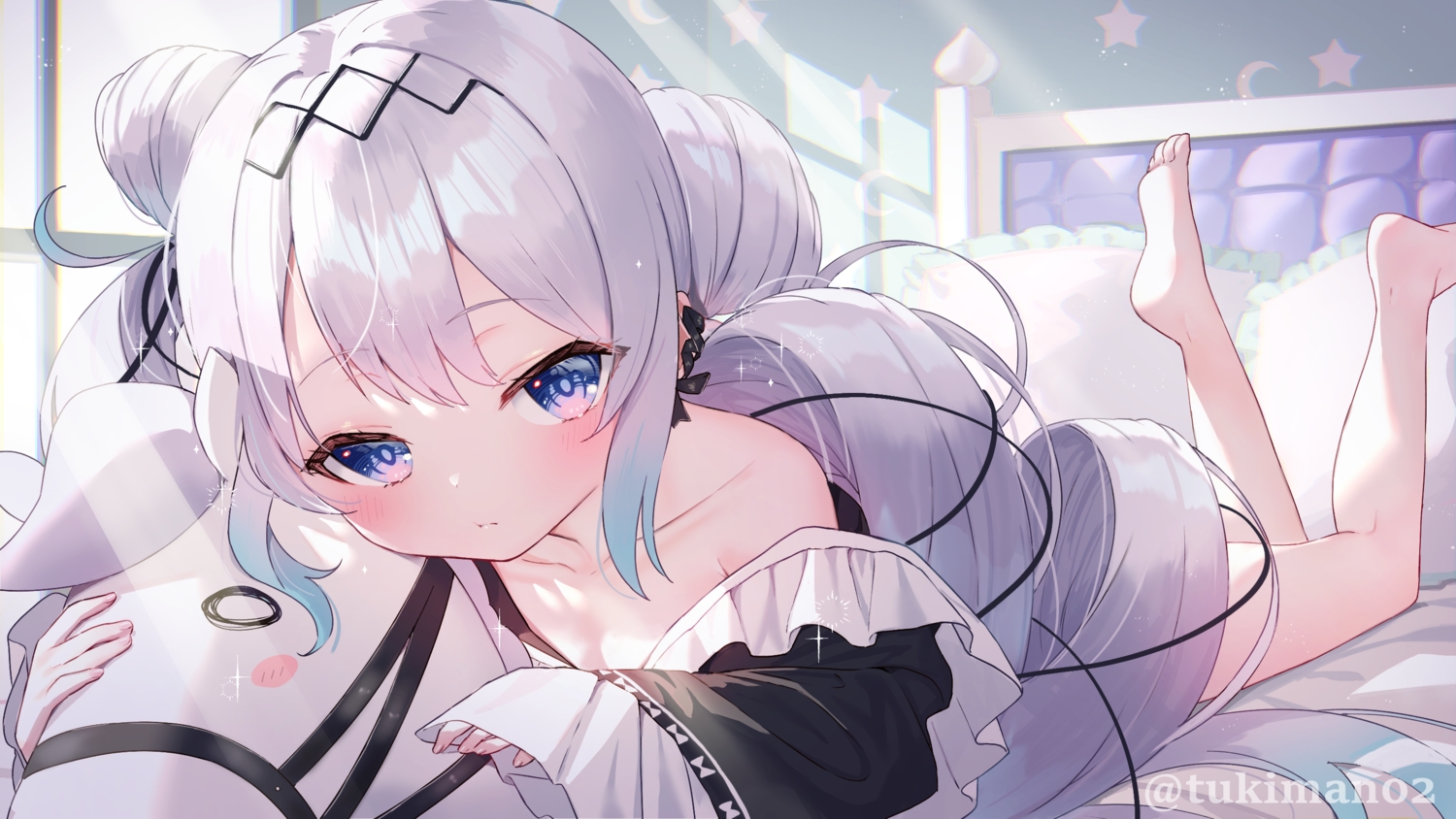 aliasing, barefoot, bed, blush, close, gray_hair, loli, long_hair, petr_petrichor, purple_eyes, tsukiman, twintails, watermark