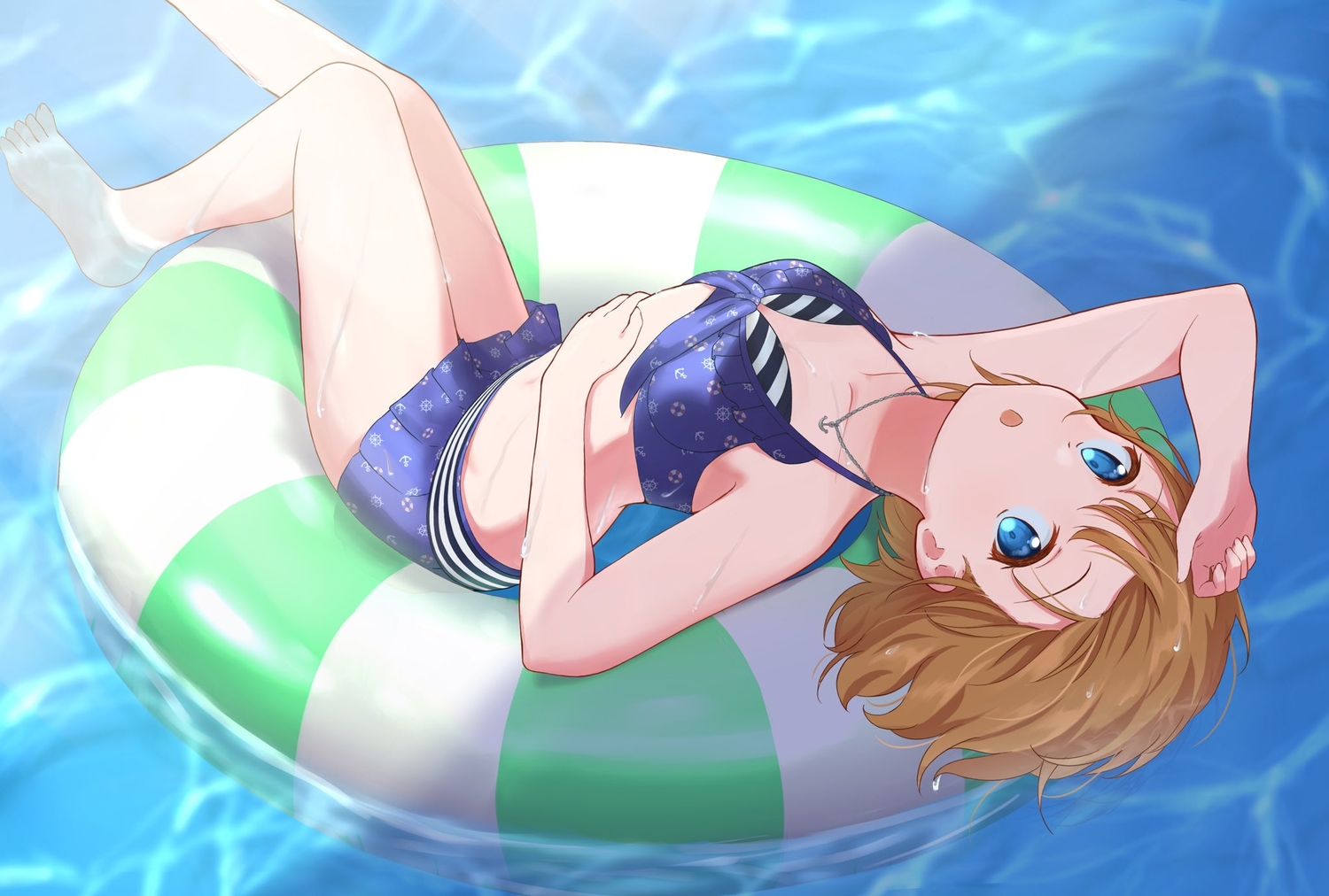 beach, bikini, blue_eyes, brown_hair, idolmaster, short_hair, suou_momoko, swim_ring, swimsuit, washamada_(wada), water
