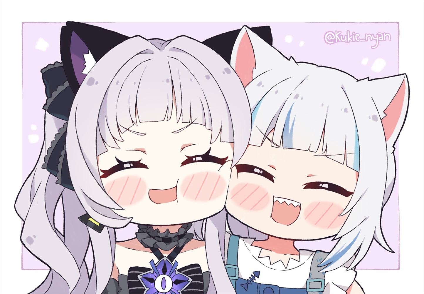 2girls, animal_ears, blush, bow, catgirl, chibi, close, gawr_gura