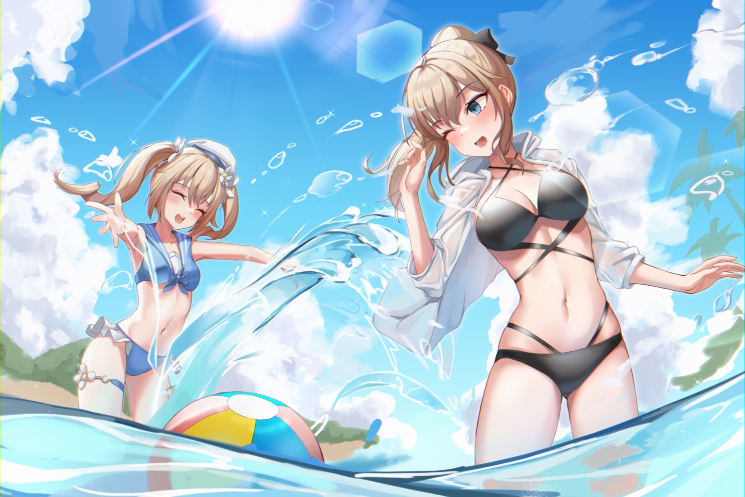 2girls, ball, barbara_pegg, bikini, blue_eyes, brown_hair, clouds, genshin_impact, hat, jean_gunnhildr, long_hair, navel, pharamacom, ponytail, sky, swimsuit, twintails, water, wink