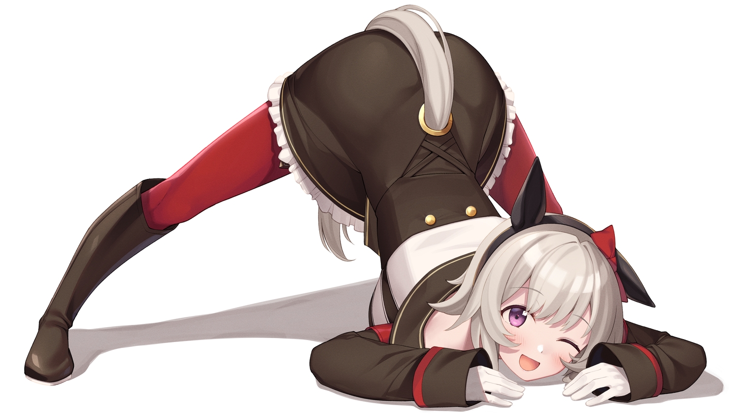 anthropomorphism, curren_chan_(umamusume), gray_hair, headband, parody, partner_(kprtnr), purple_eyes, tail