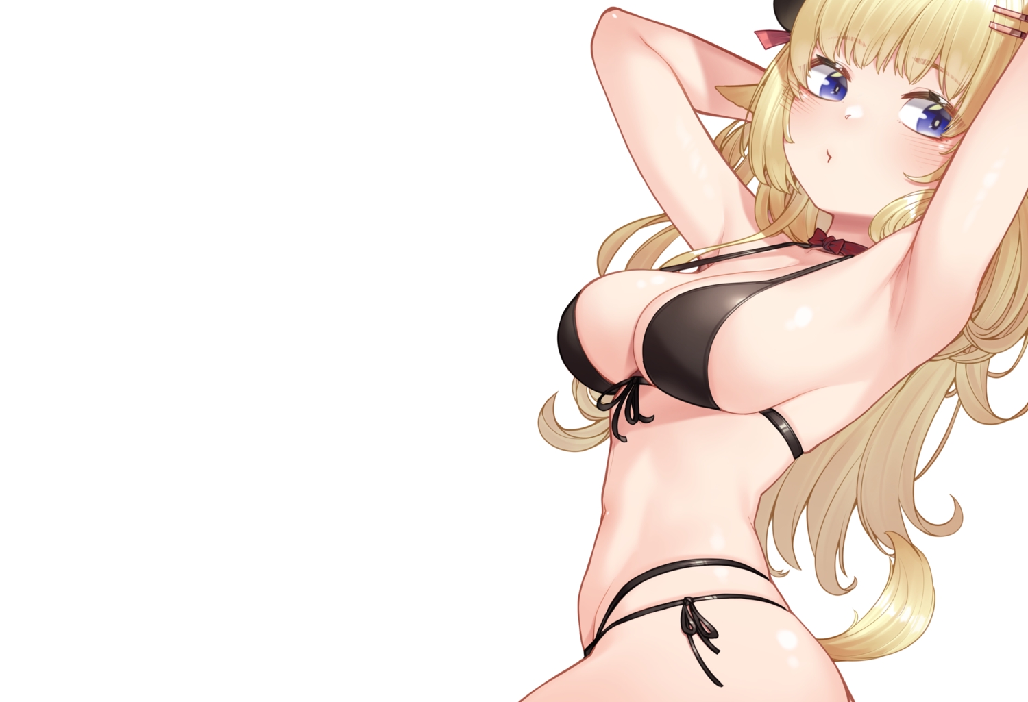 animal_ears, bikini, blush, breasts, choker, cleavage, cropped, hololive