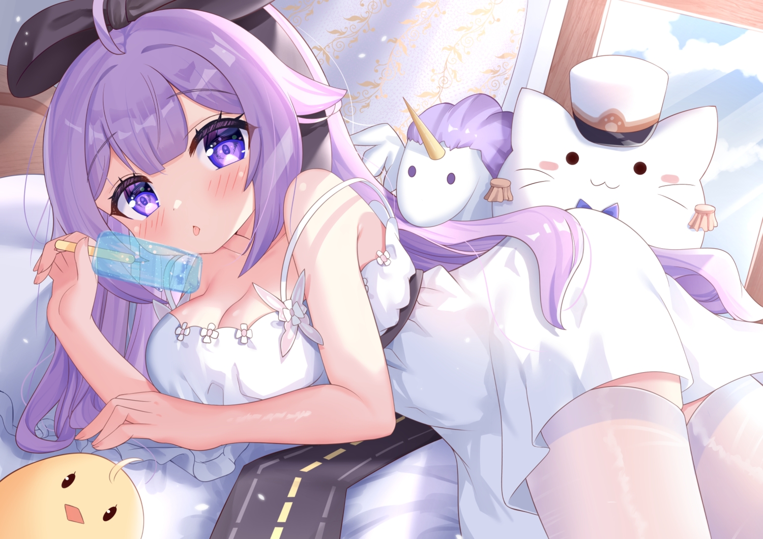 animal, anthropomorphism, azur_lane, bed, bird, blush, bow, breasts