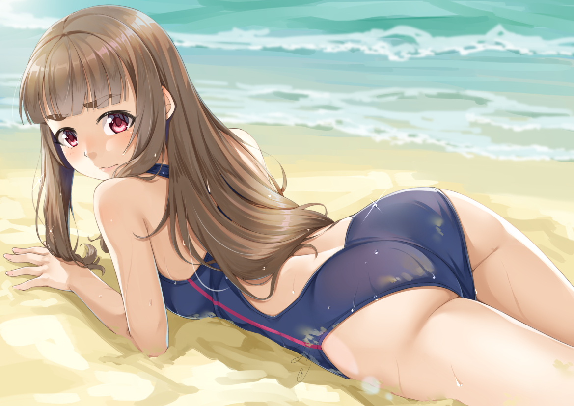 ass, beach, blush, brown_hair, idolmaster, idolmaster_cinderella_girls, kamiya_nao, long_hair