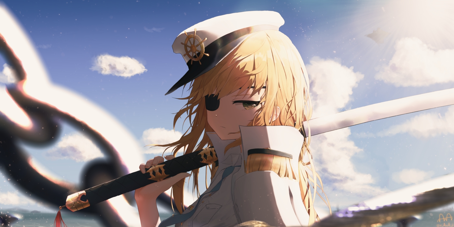 blonde_hair, chain, close, clouds, eyepatch, grand_admiral_marina, green_eyes, guardian_tales, hat, katana, long_hair, military, ranai, sky, sword, tie, uniform, weapon
