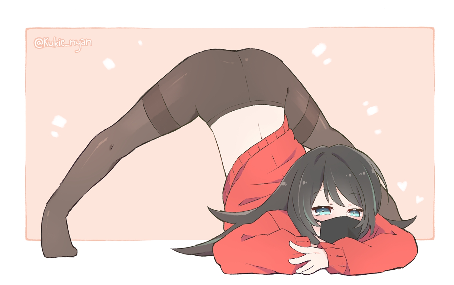 black_hair, blush, green_eyes, kukie-nyan, long_hair, mask, original, pantyhose, watermark