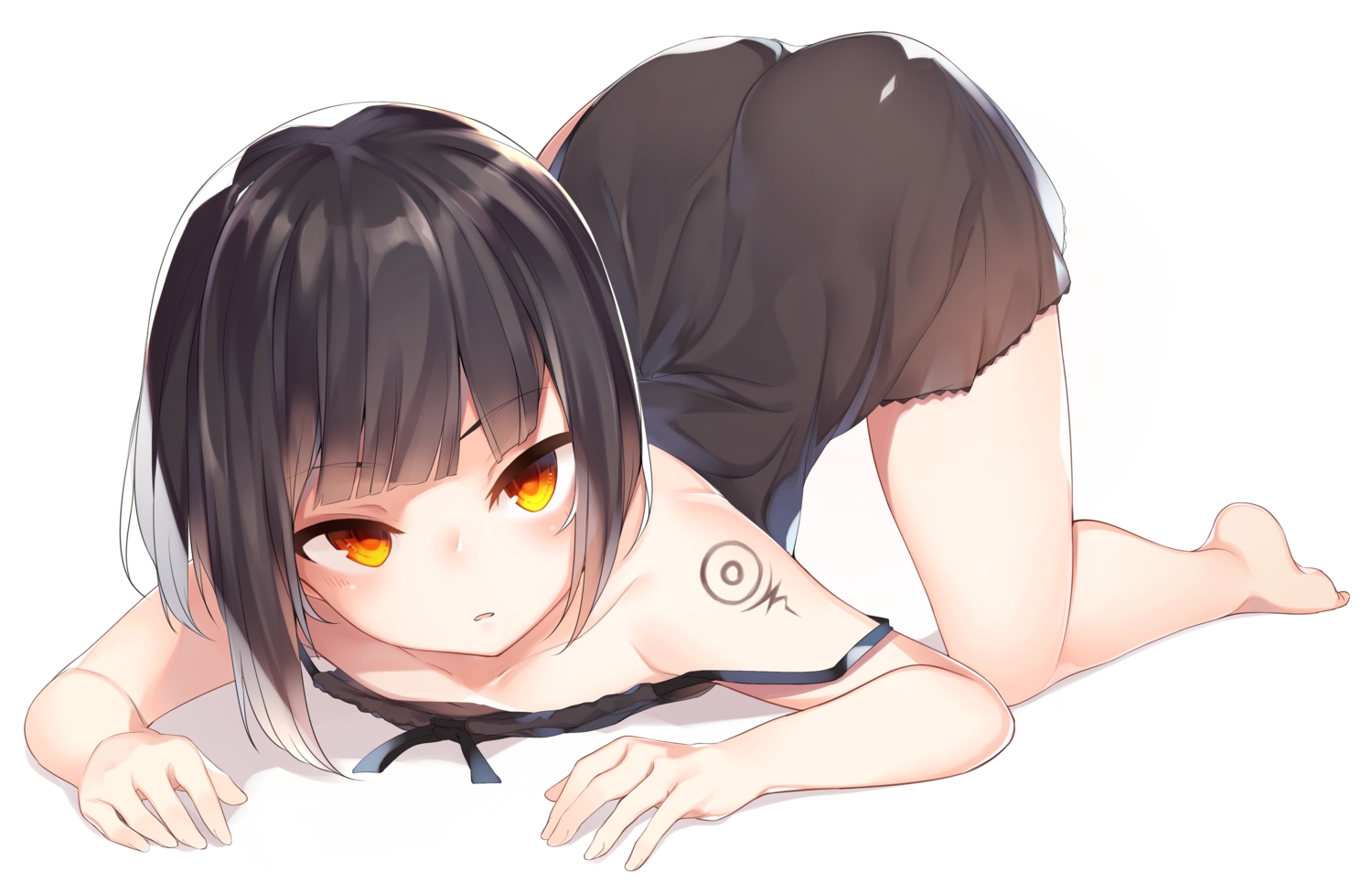 ass, barefoot, black_hair, close, dress, flat_chest, orange_eyes, original, otokuyou, tattoo