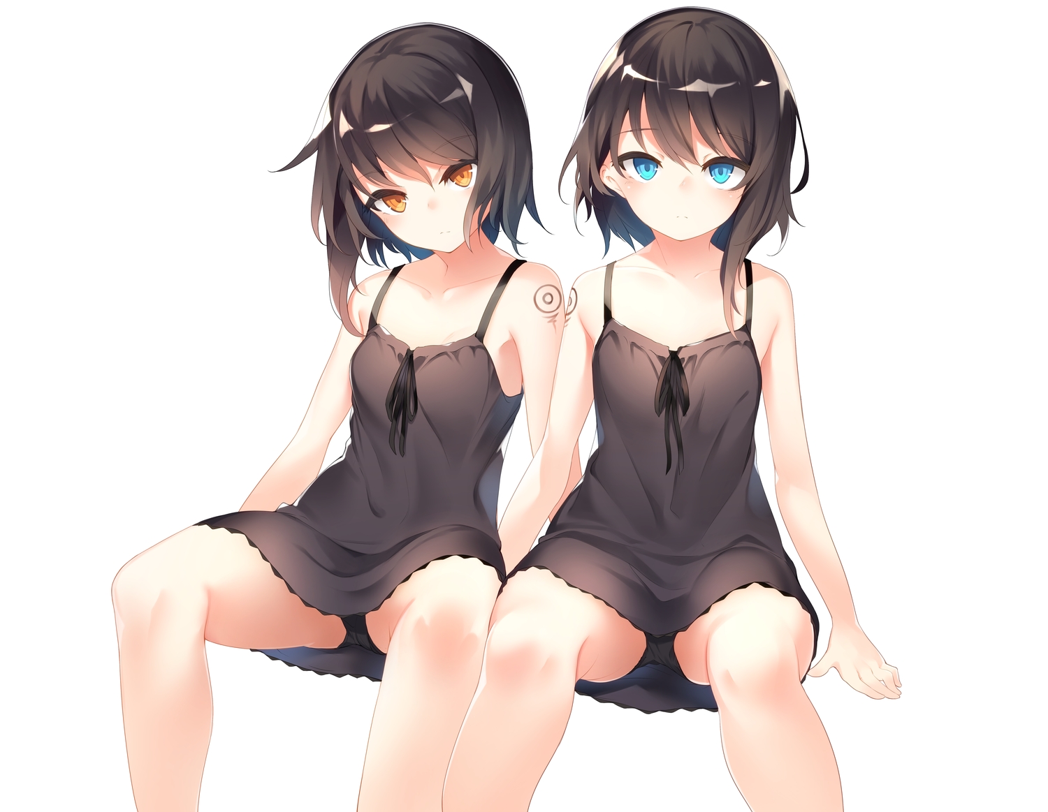 2girls, aqua_eyes, black_hair, dress, flat_chest, orange_eyes, original, otokuyou, panties, short_hair, spread_legs, summer_dress, tattoo, underwear, upskirt, white