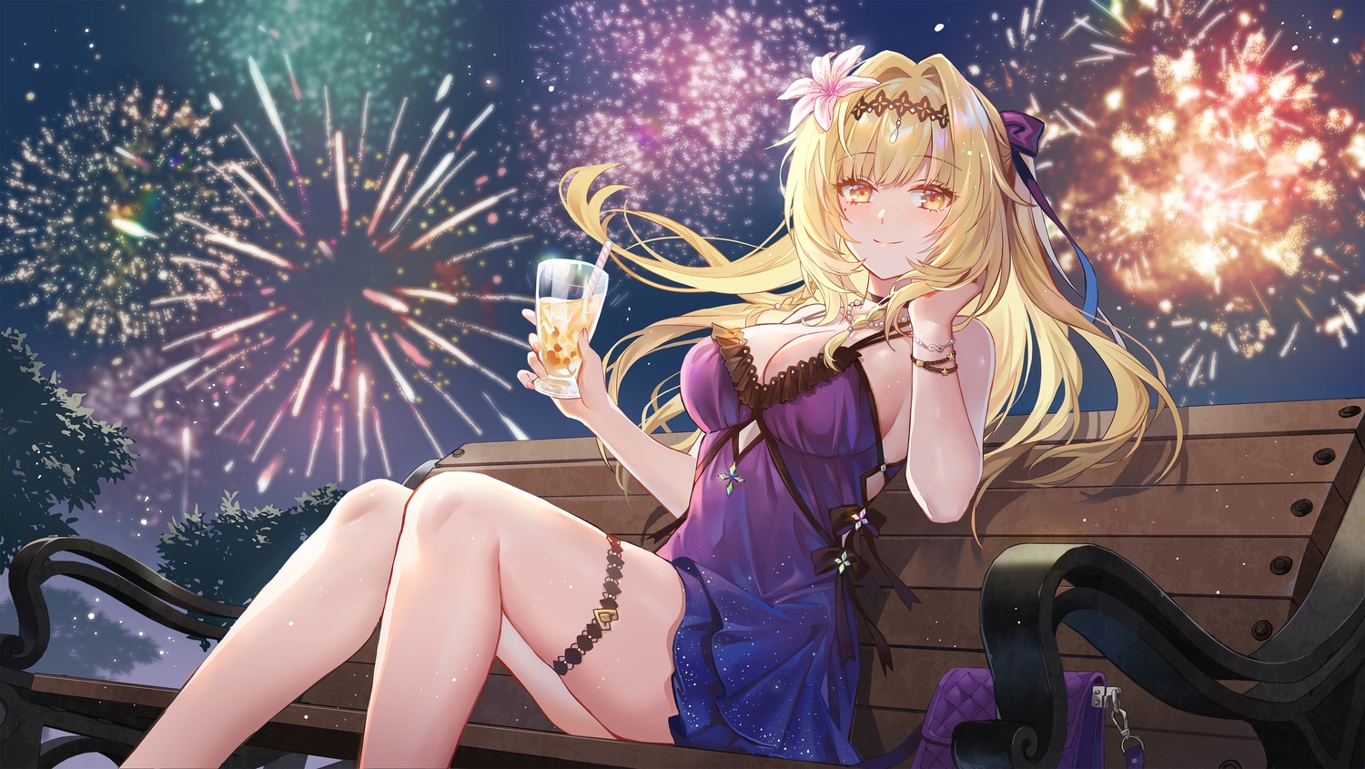 bianca_(pgr), blonde_hair, breasts, choker, cleavage, dress, drink, fireworks