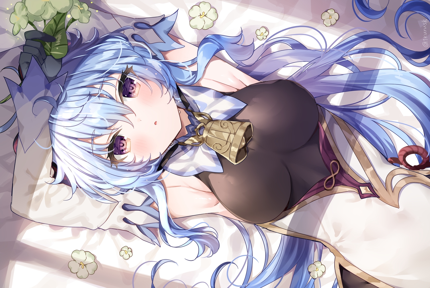 bed, blue_hair, flowers, ganyu_(genshin_impact), genshin_impact, horns, leotard, long_hair, mafuyu_(chibi21), purple_eyes