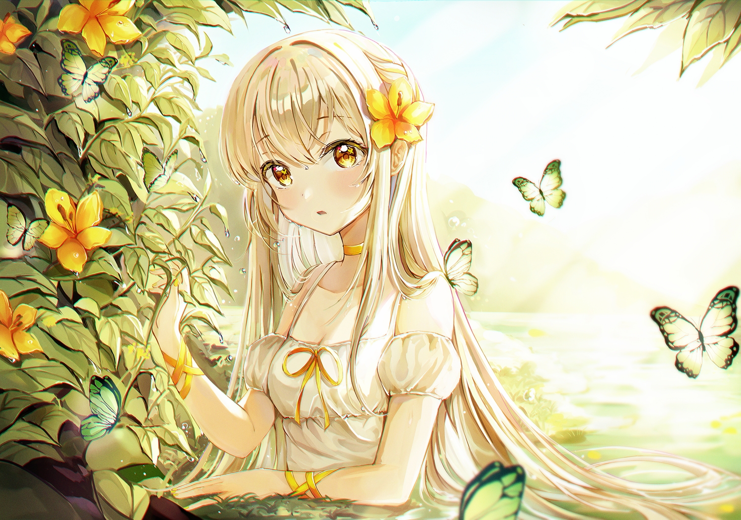 blonde_hair, butterfly, choker, flowers, grass, long_hair, original, ribbons, ssum_(ehf_dustk), water, wristwear, yellow_eyes