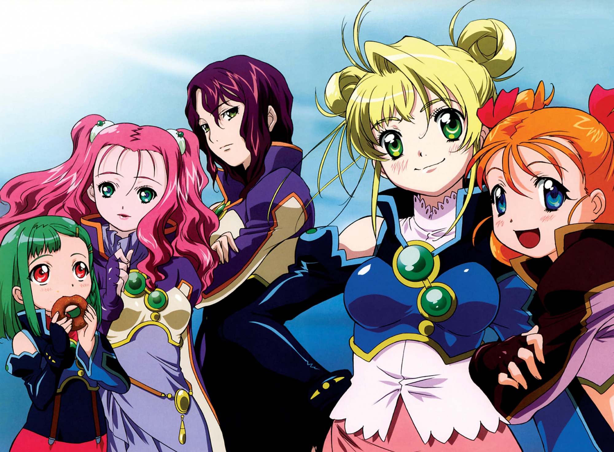 aeru, bicolored_eyes, blonde_hair, blue_eyes, brown_hair, elbow_gloves, floe, food