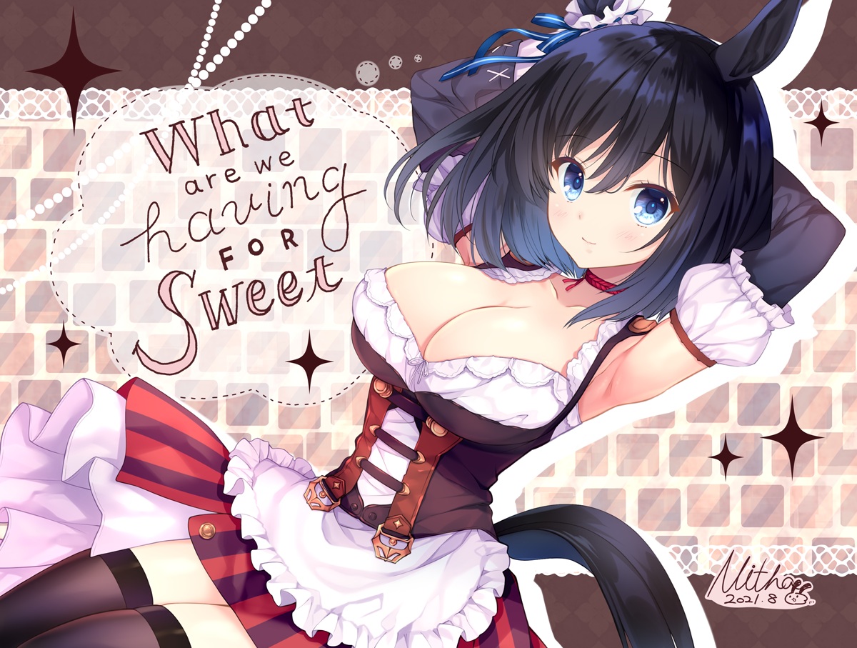 animal_ears, anthropomorphism, apron, aqua_eyes, black_hair, blush, breasts, choker