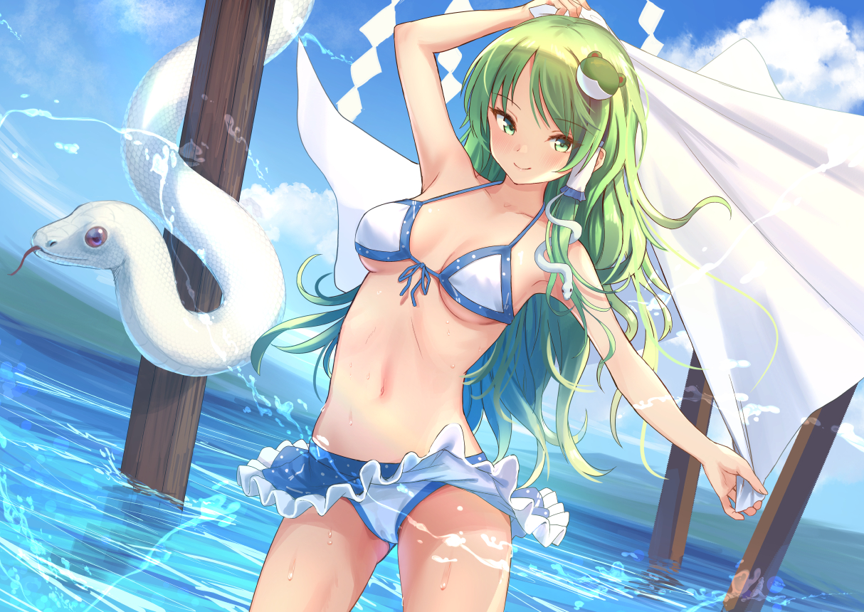 aliasing, animal, bikini, clouds, green_eyes, green_hair, kochiya_sanae, long_hair