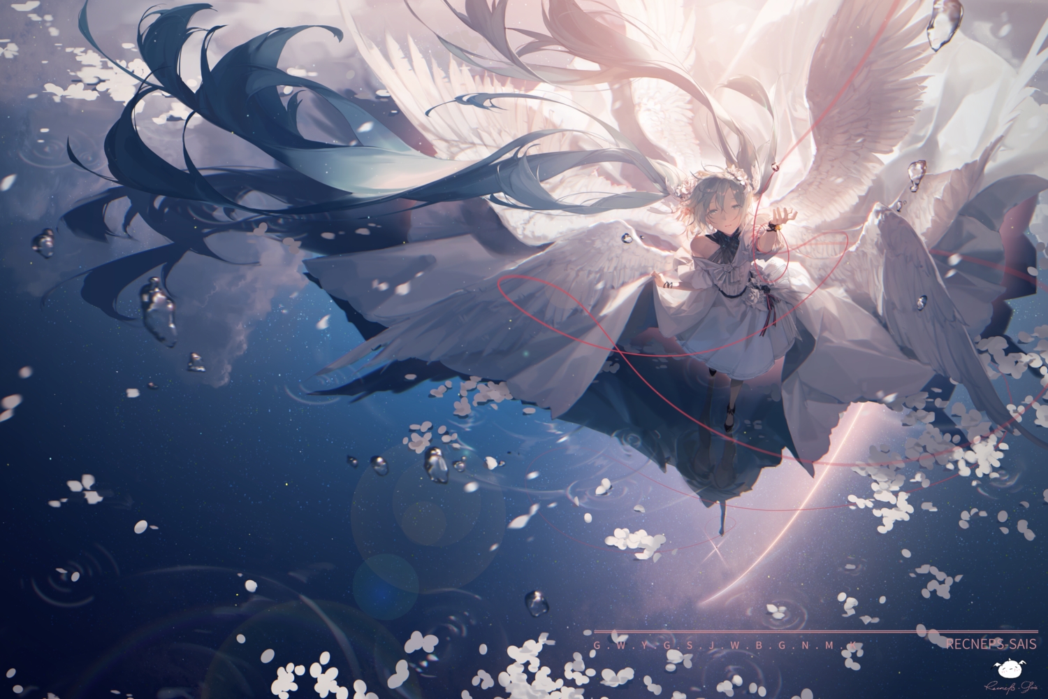 dress, green_hair, hatsune_miku, long_hair, rainbow, reflection, signed, sky